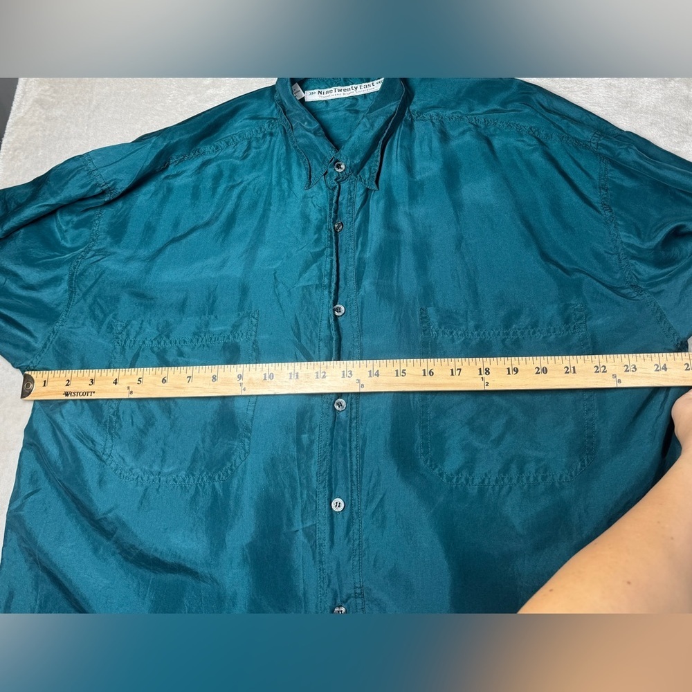 Men’s 100% Silk Nine Twenty East Lightweight Button Front Collared Teal Shirt  L - Picture 10 of 16
